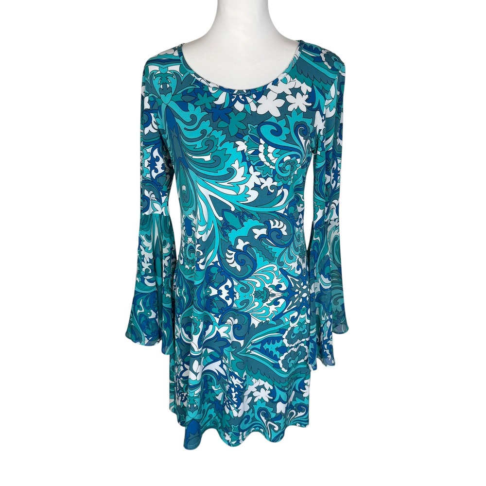 Prelude Women Medium Teal Blue Paisley Psychedelic Bell Sleeve Mini Dress USA